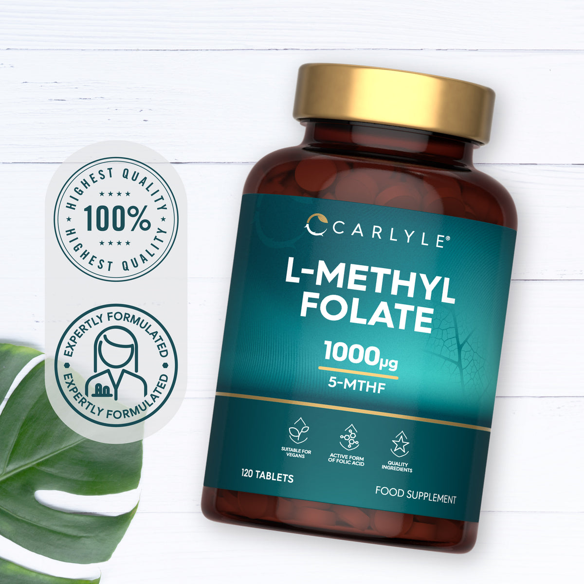 Carlyle L-Methyl Folate 1000ug, 120 vegan tablets for nutritional support.