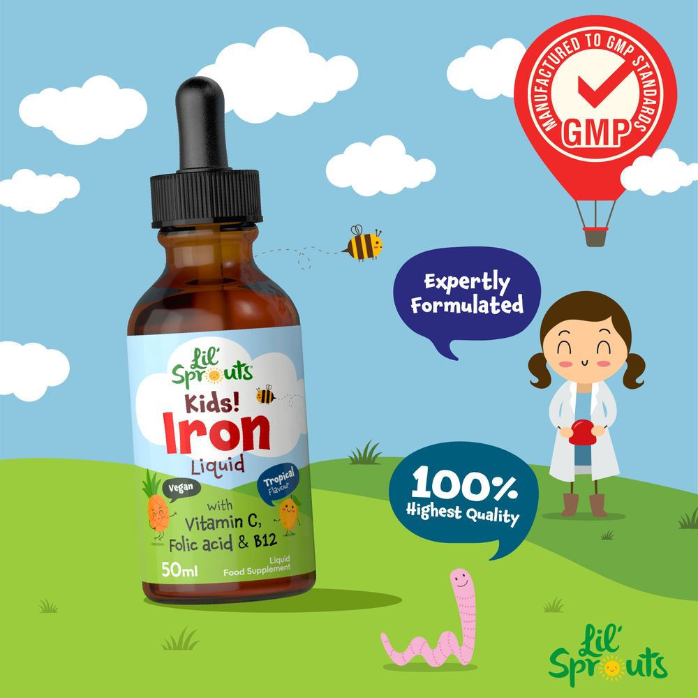 Lil' Sprouts Kids! Iron Liquid 50ml vegan liquid food supplement dropper bottle, with Vitamin C, Folic acid & B12, Tropical Flavour.