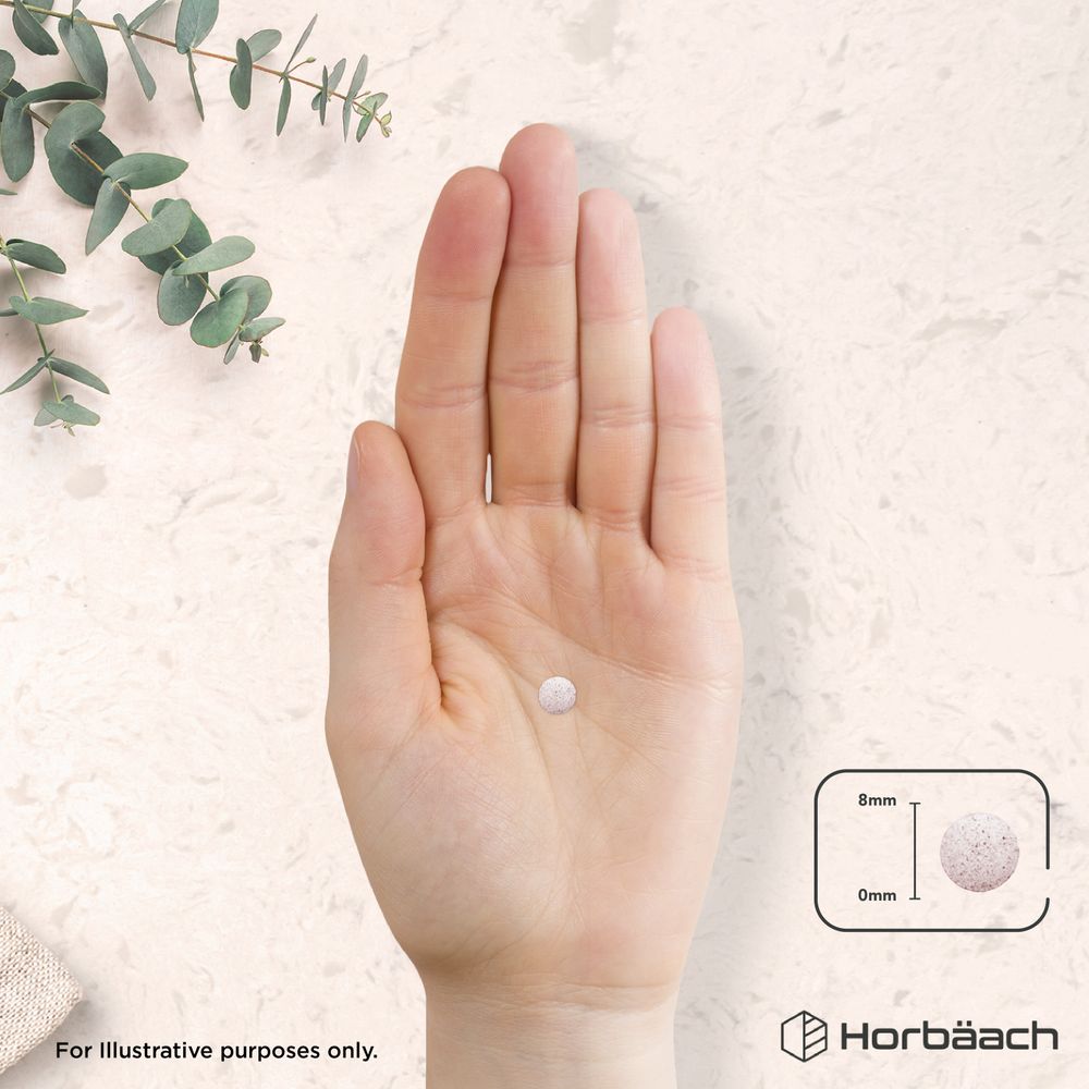 Montmorency Cherry tablet held in hand, displaying its size as 8mm diameter and 0mm height.