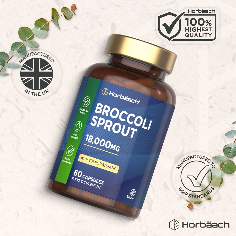 Hand holding Broccoli Sprout 18000mg 60 Vegan Capsules with Sulforaphane.