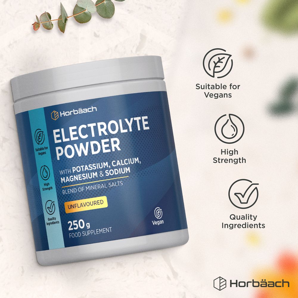 Horbäach Electrolyte Powder, Unflavoured, 250g tub, with Potassium, Calcium, Magnesium, and Sodium. Hand holding the tub.