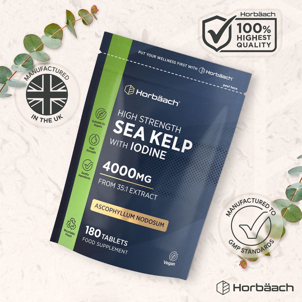 A pouch of High Strength Sea Kelp with Iodine 4000mg, containing 180 vegan tablets.