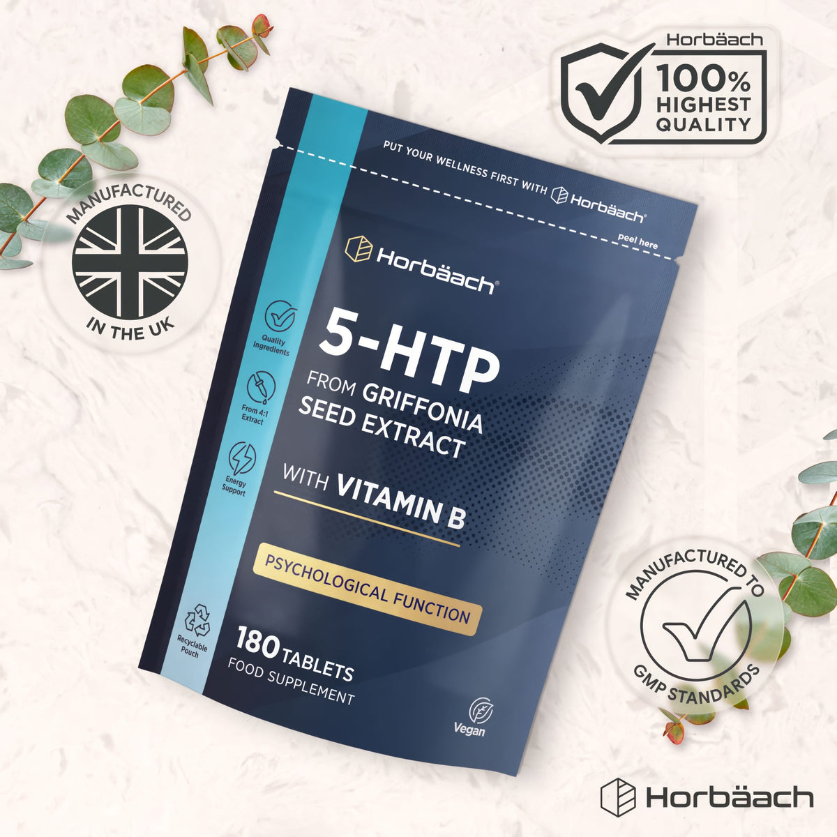 Infographic showing Horbäach 100% highest quality, manufactured in the UK to GMP standards.