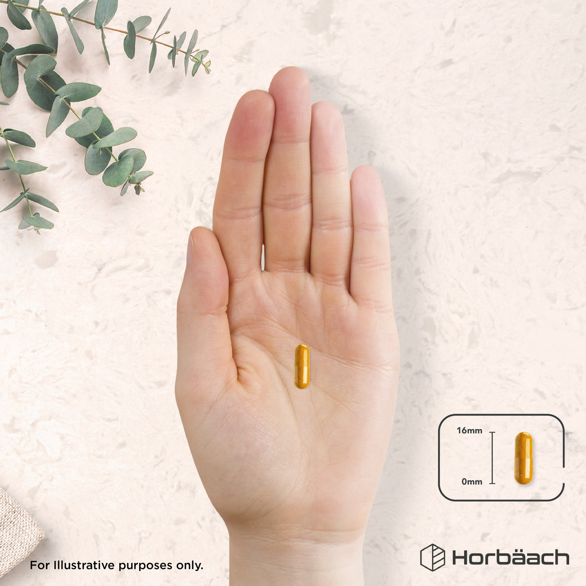 A 16mm vegan turmeric capsule displayed on a plain background.