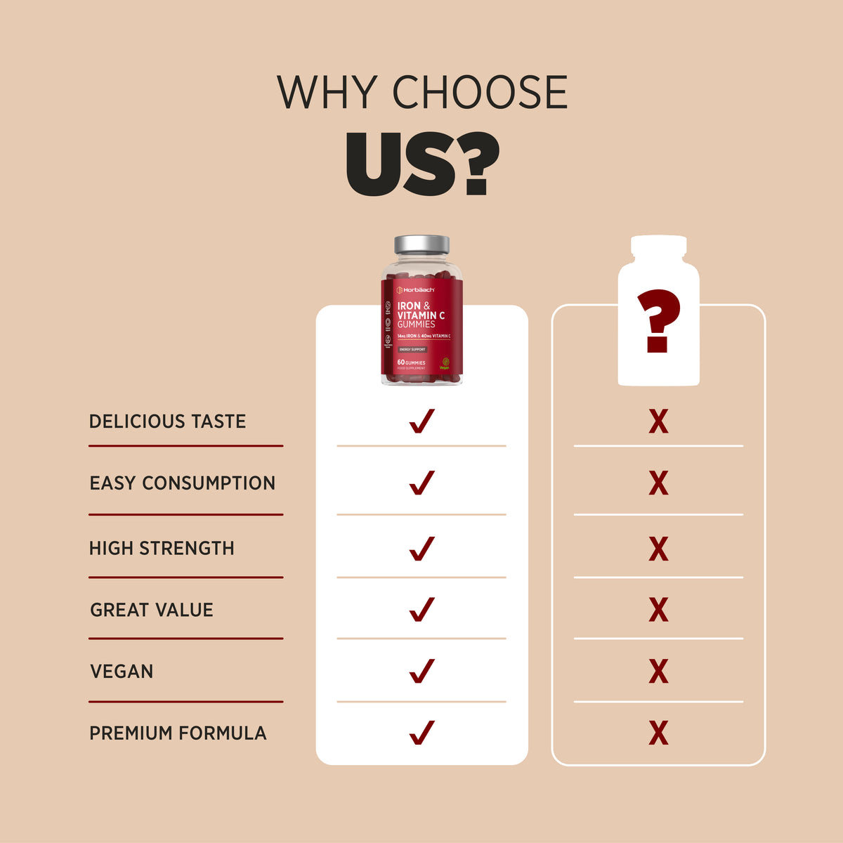 Product highlights graphic stating DELICIOUS TASTE, EASY CONSUMPTION, HIGH STRENGTH, GREAT VALUE, VEGAN, PREMIUM FORMULA.