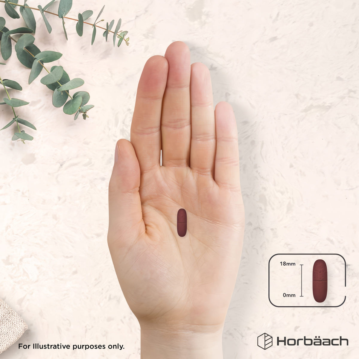 A hand holds one maroon beetroot tablet measuring 18mm. A diagram shows the tablet with its 18mm length.