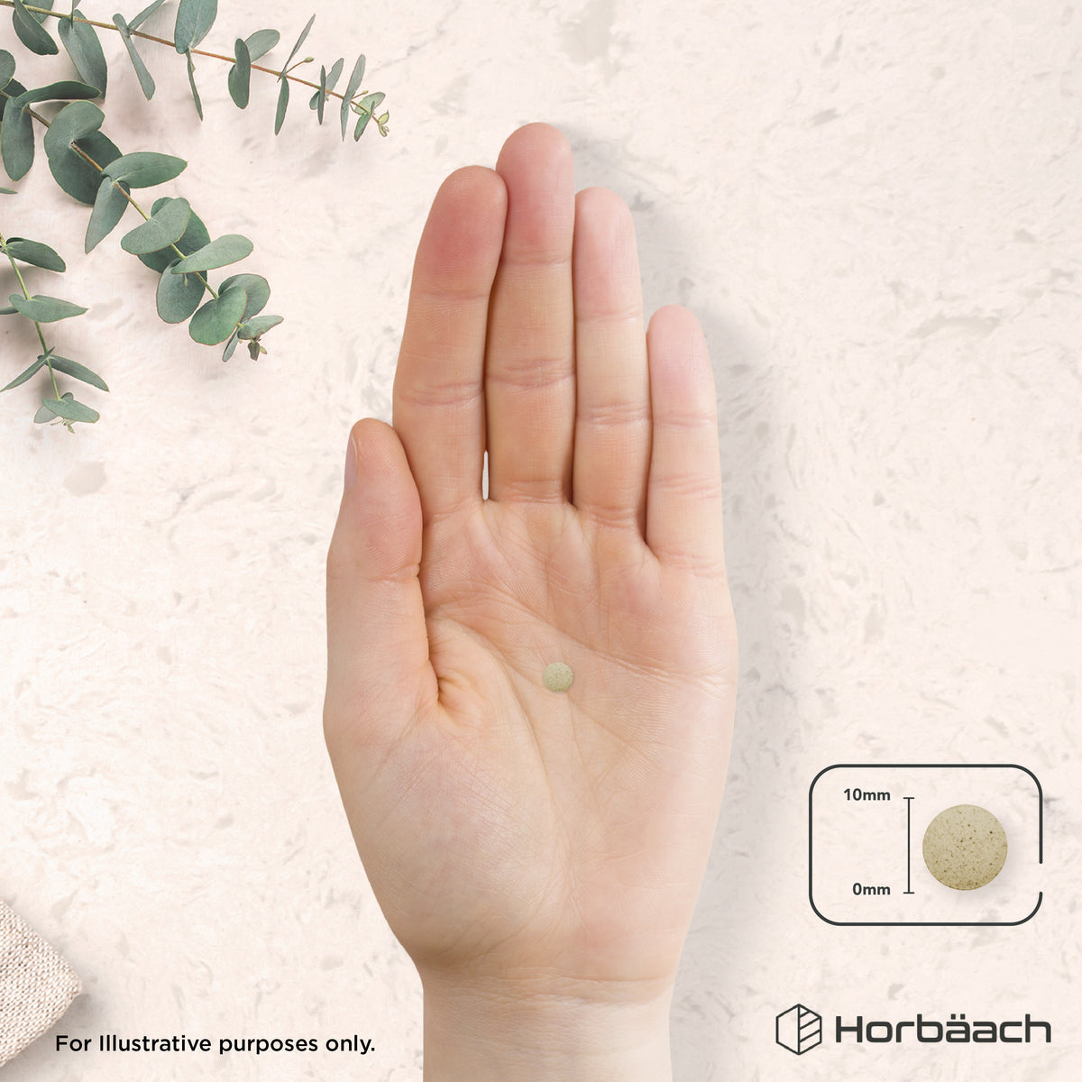 A hand holds a round 10mm tablet labeled HU Mushroom Complex.