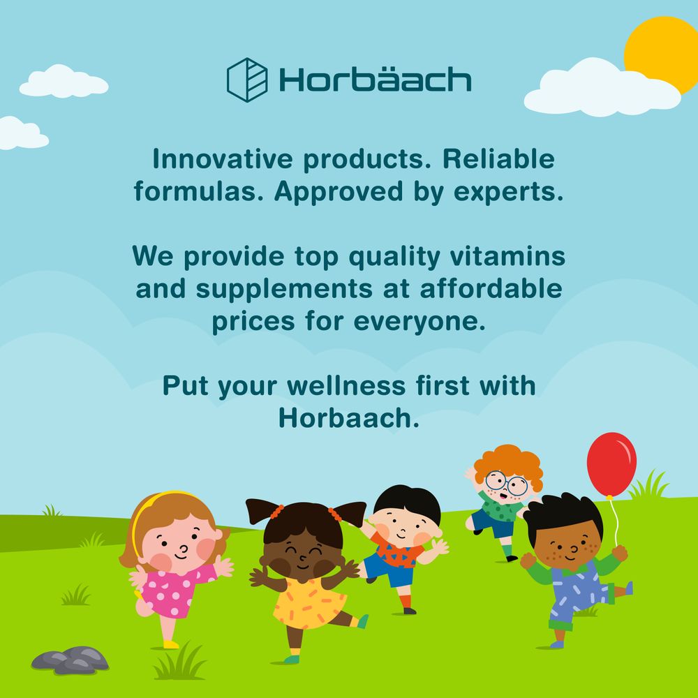 Infographic: Horbäach logo, 'Innovative products. Reliable formulas. Approved by experts.' Five diverse children playing in a sunny grassy field.