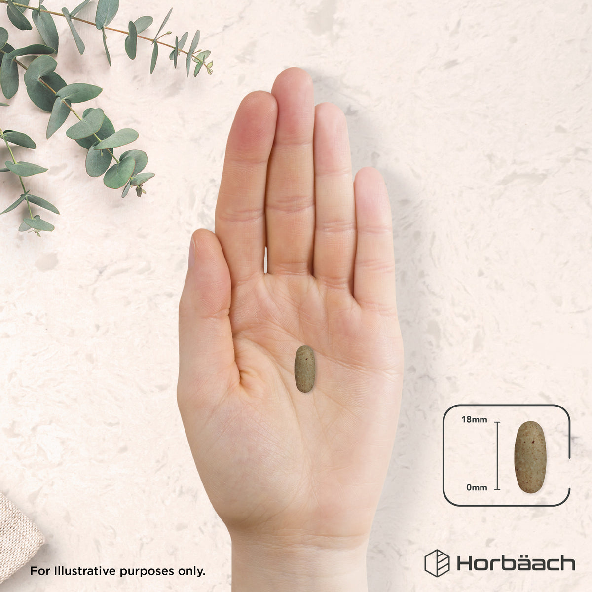 A person holds an 18mm tablet in their open palm.