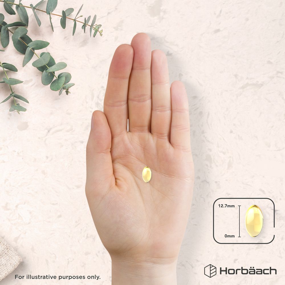 A softgel is held in a hand. Inset shows the softgel with a length measurement of 12.7mm.
