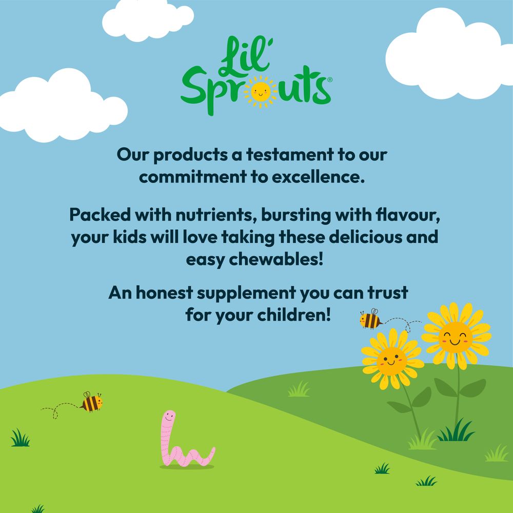 Lil' Sprouts logo. Graphic with 'Delicious and easy chewables packed with nutrients, bursting with flavour for kids!'