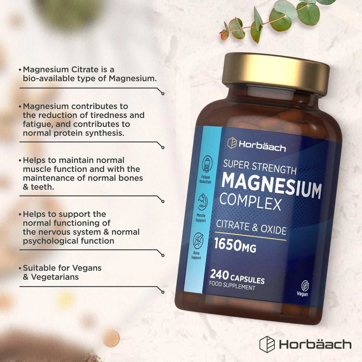 Horbäach Super Strength Magnesium Complex with Citrate & Oxide, 1650MG, 240 Vegan Capsules Food Supplement.