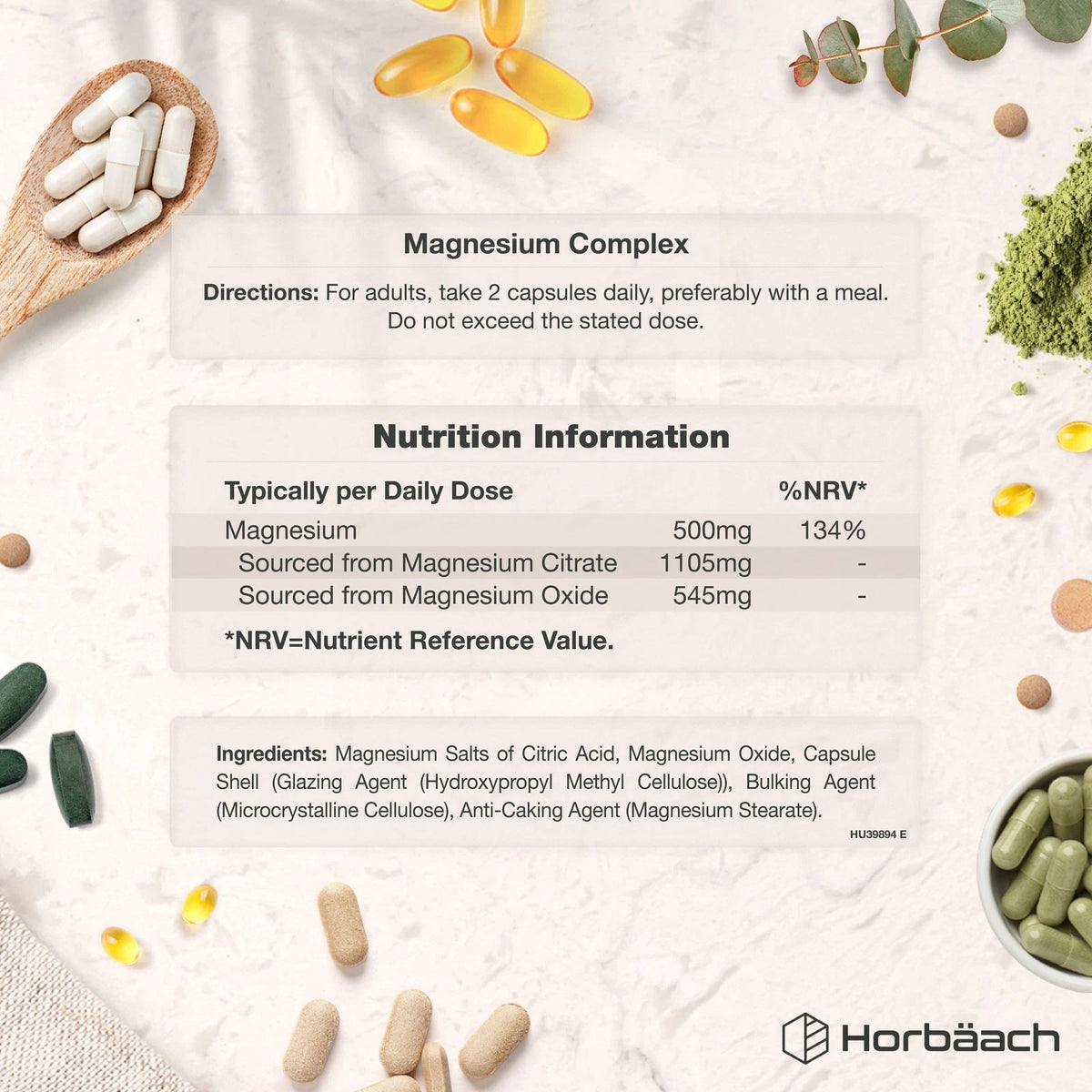 Magnesium Complex product image showing directions for 2 capsules daily, nutrition information with 500mg Magnesium, and ingredients.