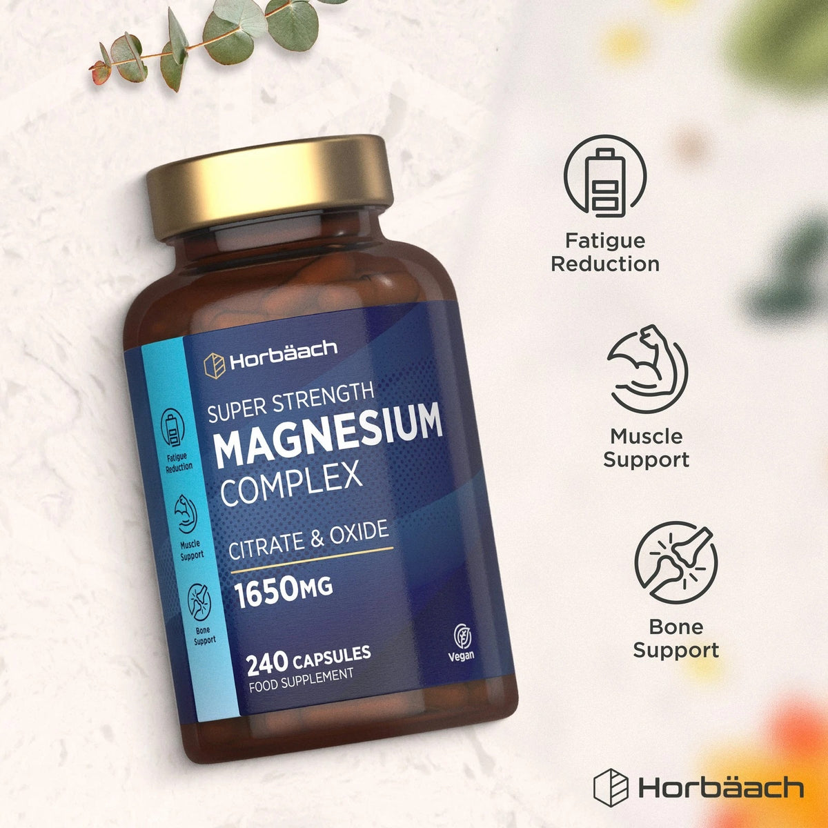 Horbäach Super Strength Magnesium Complex with Citrate & Oxide, 1650MG, 240 Vegan Capsules, Food Supplement.
