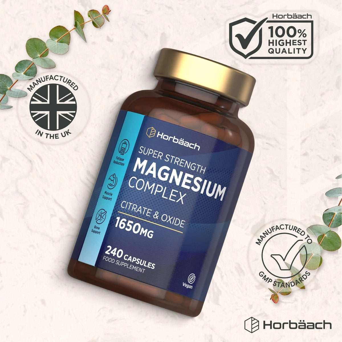 Super Strength Magnesium Complex, 1650mg, 240 Vegan Capsules. Contains Magnesium Citrate & Oxide. Food Supplement.