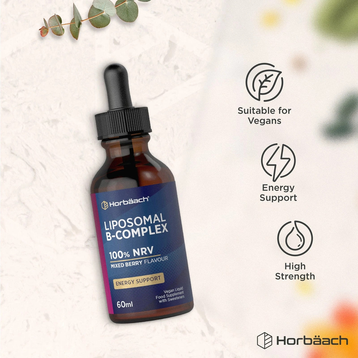 This is a Liposomal B-Complex Liquid, 100% NRV, mixed berry flavor, in a 60ml vegan liquid form.