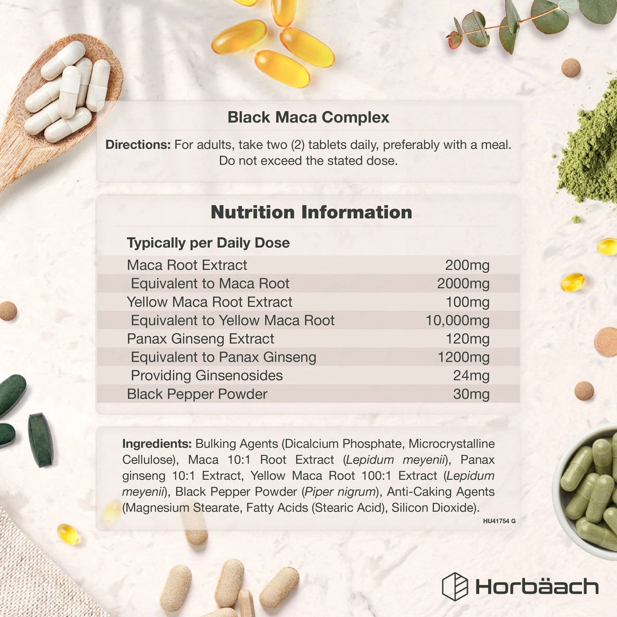 Black Maca Complex tablets info graphic showing directions, nutrition details, and ingredients.