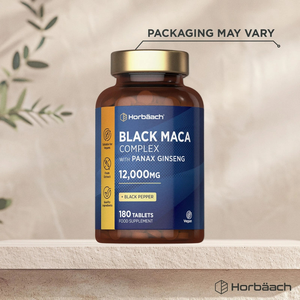 Horbäach Black Maca Complex with Panax Ginseng, 12,000MG, 180 vegan tablets as a food supplement.