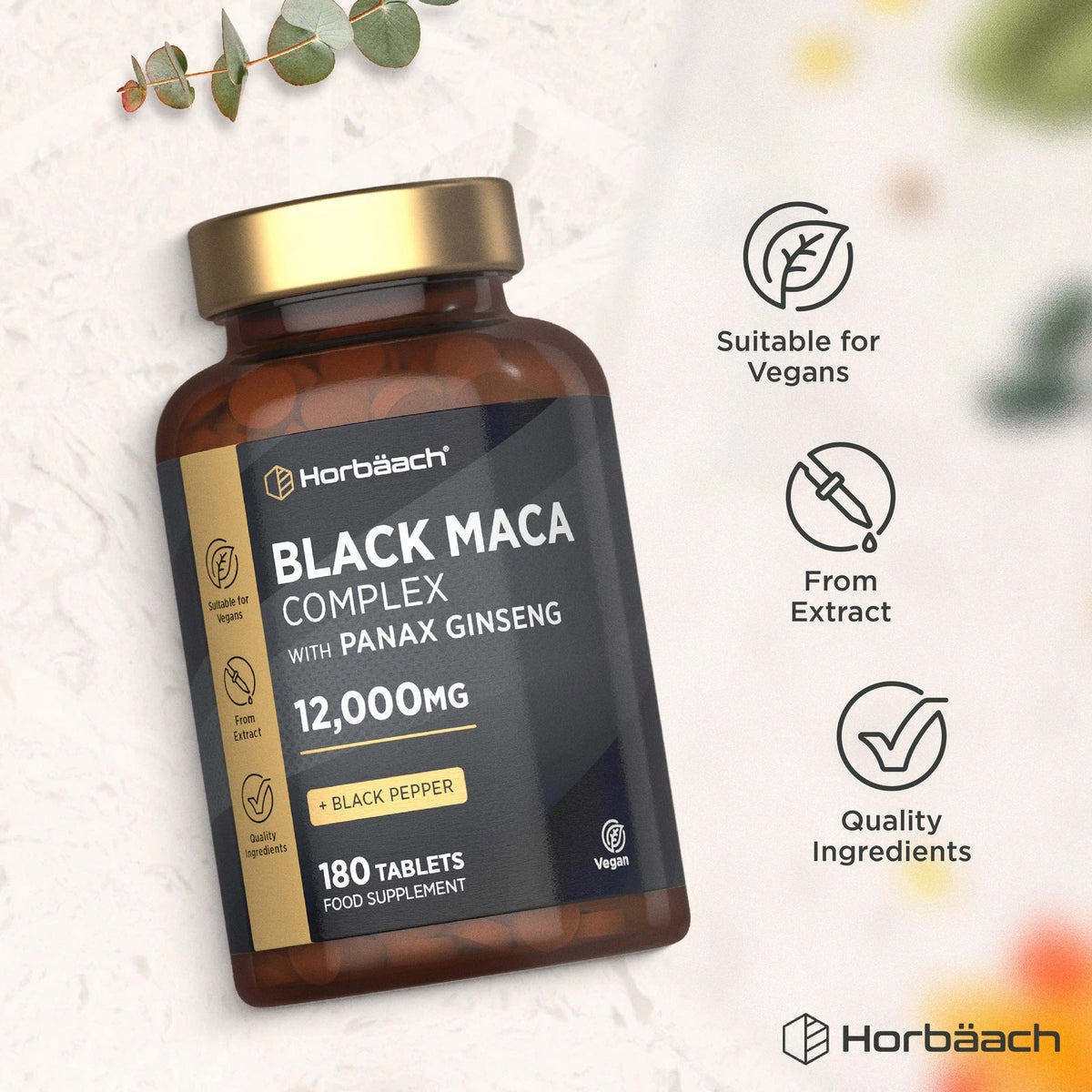 Horbäach Black Maca Complex with Panax Ginseng 12,000mg and Black Pepper in 180 tablets as a food supplement.