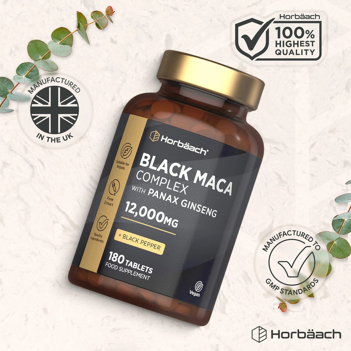 Horbäach Black Maca Complex with Panax Ginseng, 12,000MG, 180 Vegan Tablets in a bottle.