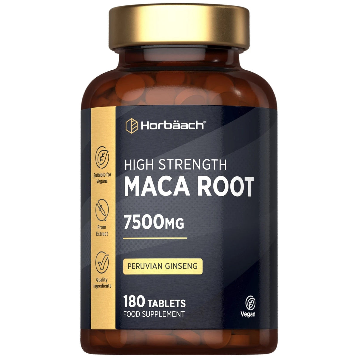 Maca Root 7500mg High Strength with Peruvian Ginseng, 180 Vegan Tablets Food Supplement in a bottle.