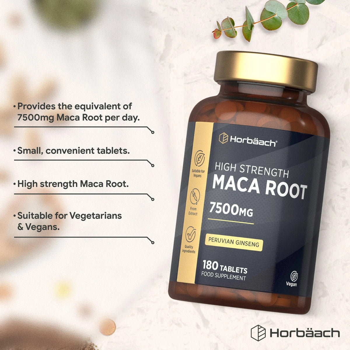 Horbäach High Strength Maca Root 7500mg 180 Tablets Food Supplement, also known as Peruvian ginseng, is vegan.