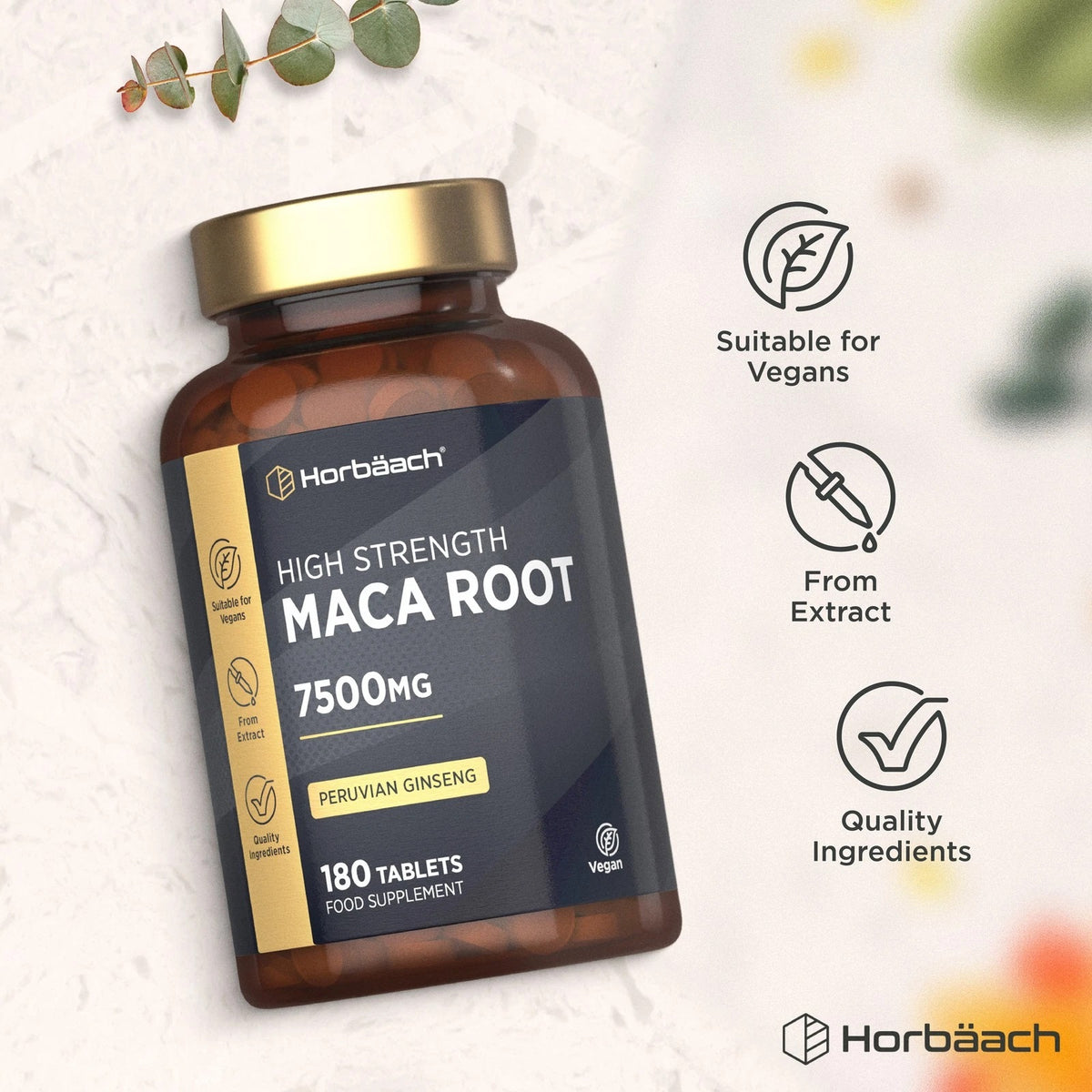 Product packaging for High Strength Maca Root 7500mg, 180 vegan tablets, a Peruvian Ginseng food supplement.