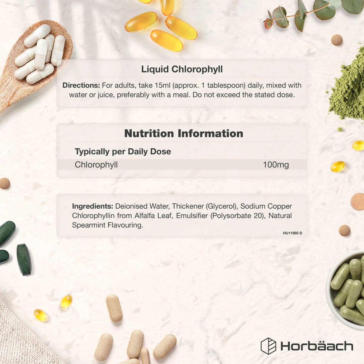 Horbäach Liquid Chlorophyll, 473ml. Label displays 100mg Chlorophyll per daily dose, along with directions and ingredients.