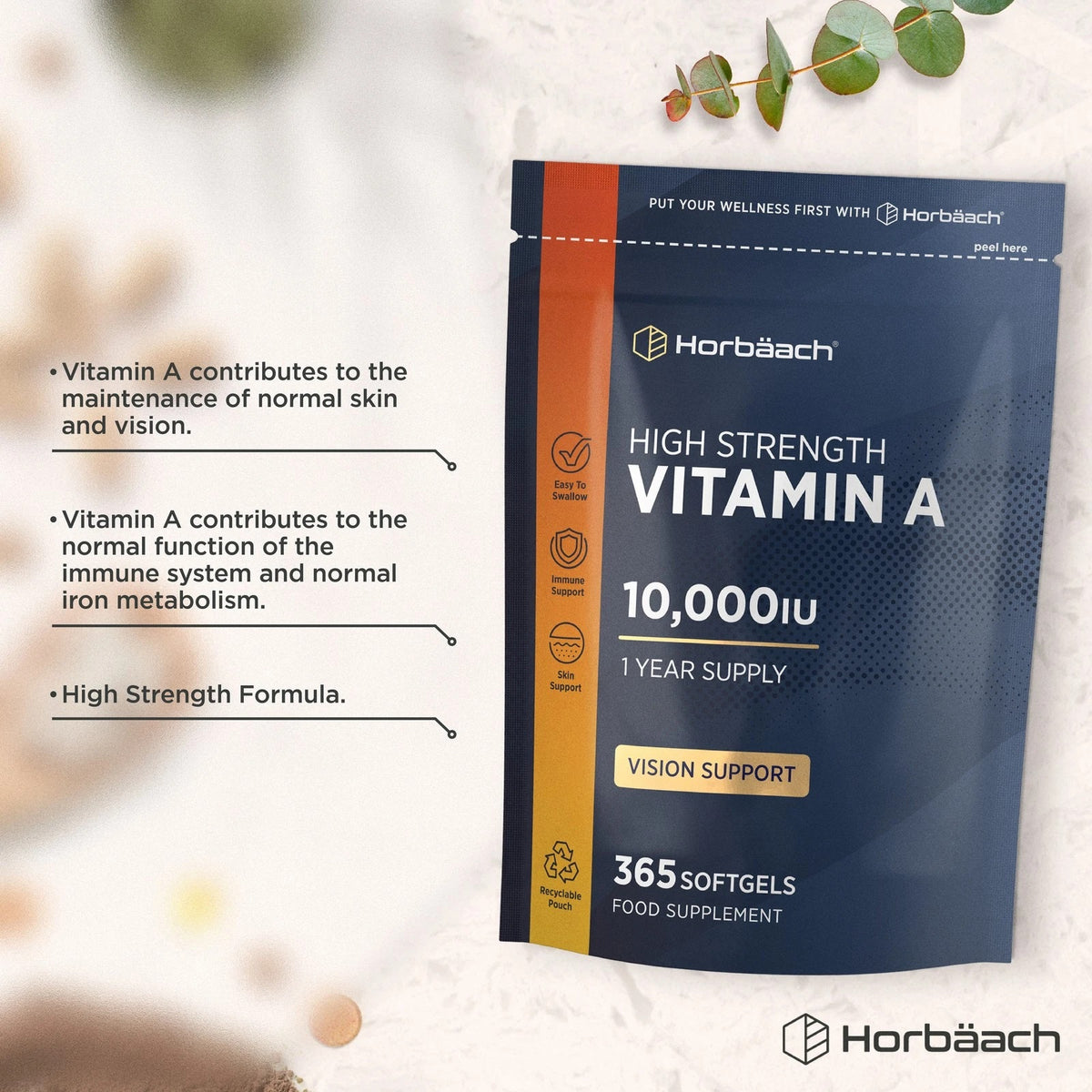 High Strength Vitamin A 10,000IU, 365 softgels for vision support, offers a 1-year supply in a convenient pouch.
