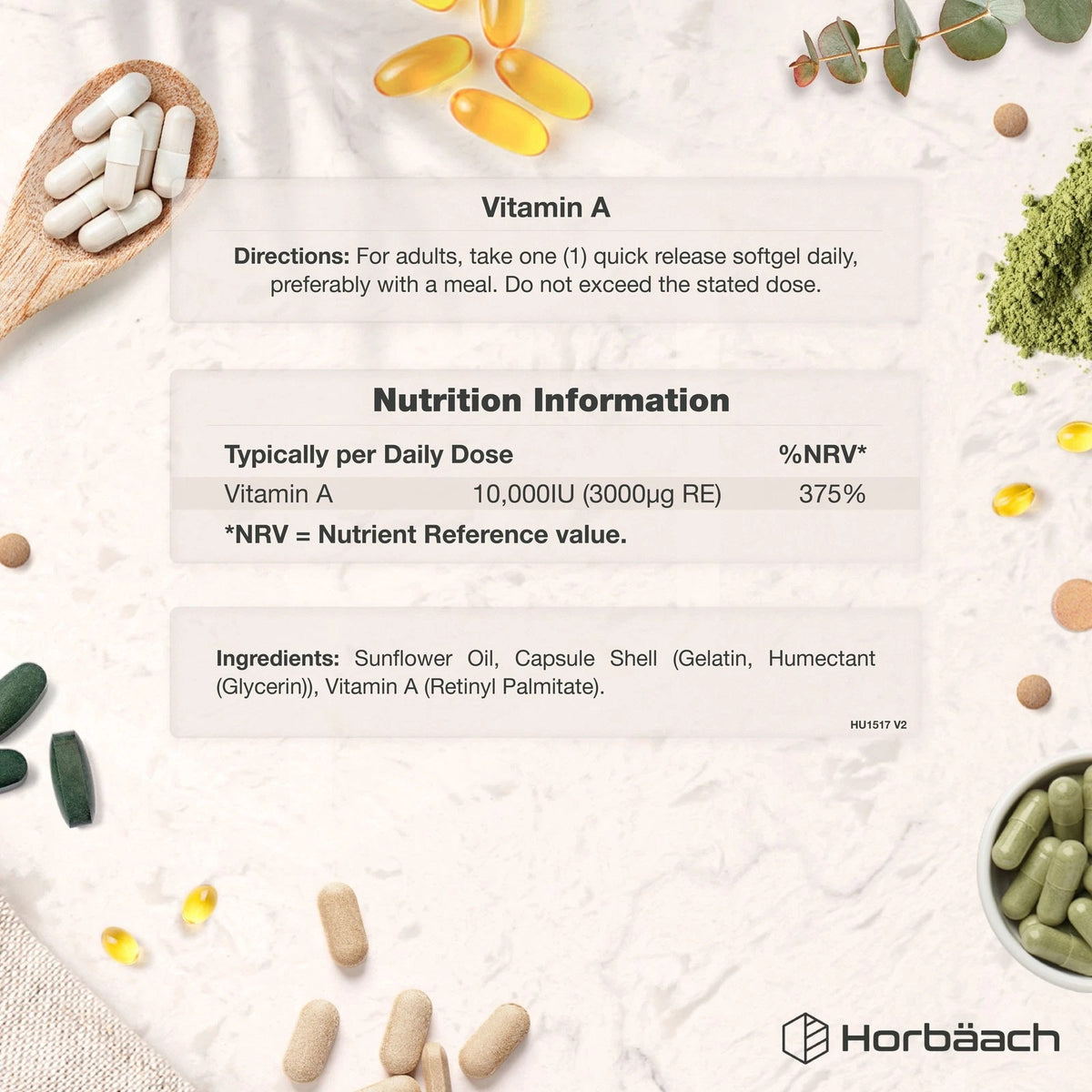 HU Vitamin A supplement contains 10000IU per serving, with a total of 365 softgels in the bottle.