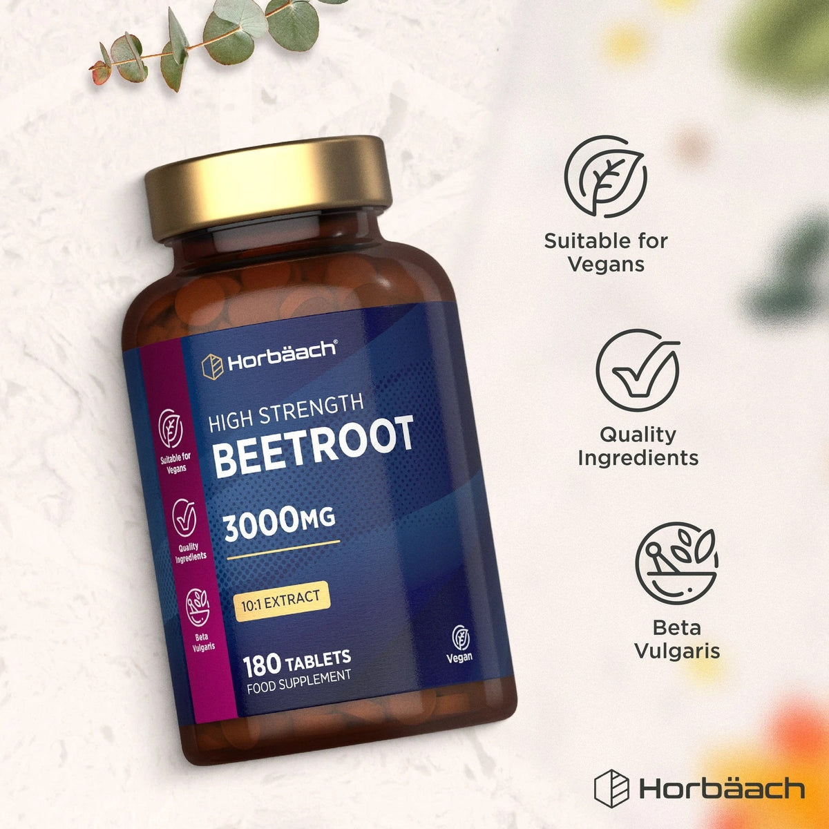 Horbäach High Strength Beetroot 3000mg 10:1 Extract, 180 Tablets Food Supplement, Vegan formula.