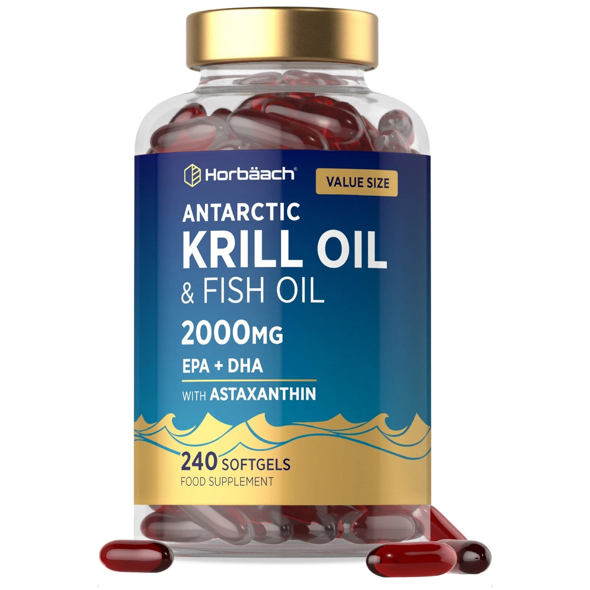 Horbäach Antarctic Krill Oil & Fish Oil 2000MG with EPA, DHA, and ASTAXANTHIN, 240 softgels, value size.