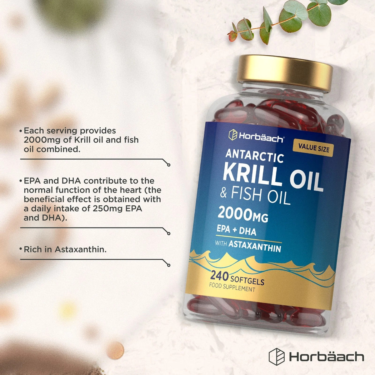 Horbäach Antarctic Krill Oil and Fish Oil 2000mg with 240 softgels product image.