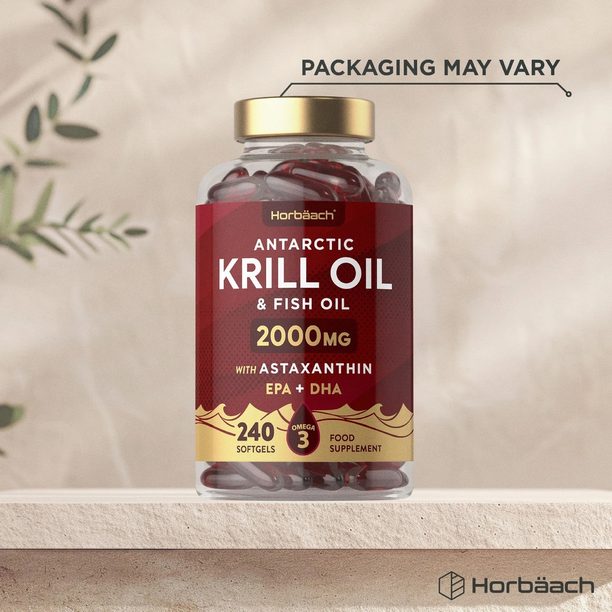 Horbäach Antarctic Krill Oil & Fish Oil 2000MG with Astaxanthin, EPA + DHA, 240 Softgels, Omega 3 food supplement.