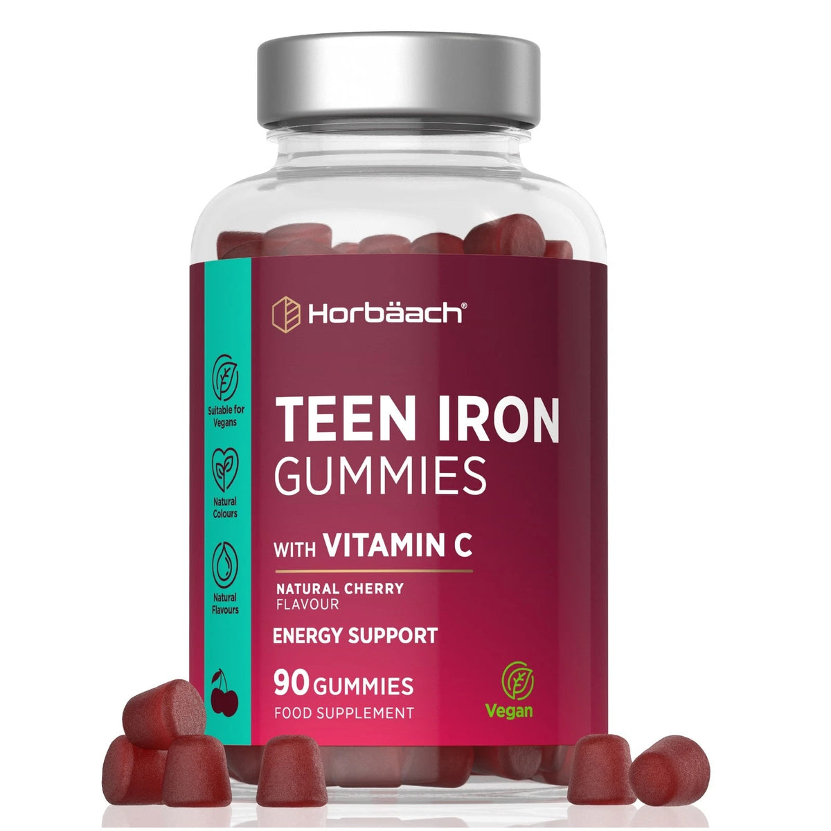 Teen Iron Gummies with Vitamin C, Natural Cherry Flavour, 90 Gummies, Food Supplement. Suitable for Vegans, Natural Colours, Natural Flavours.