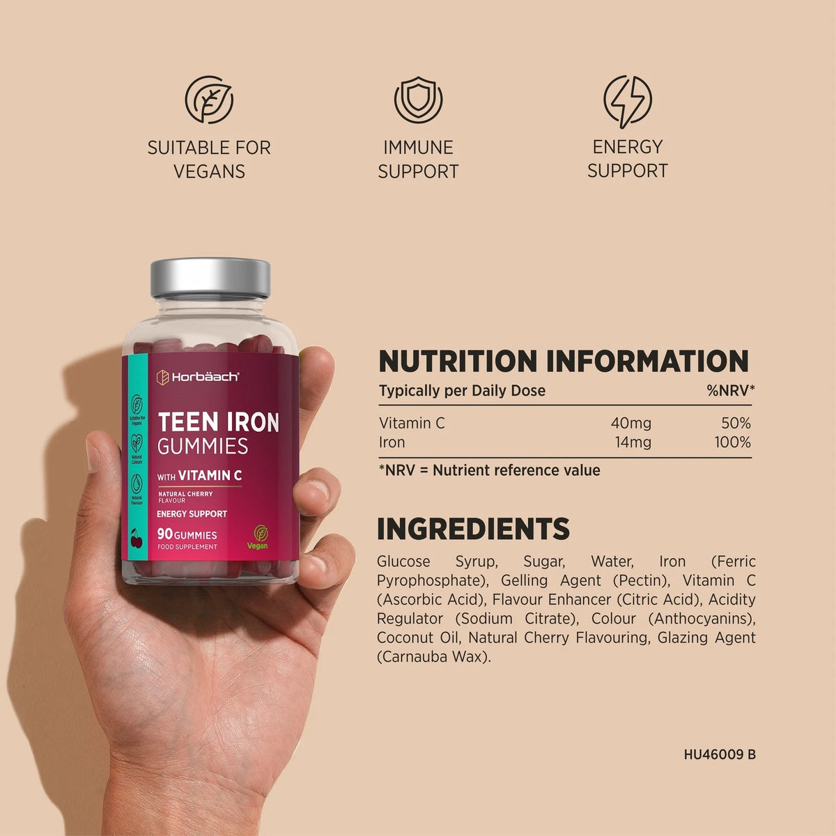 Bottle of Teen Iron Gummies with Vitamin C, containing 90 gummies for nutritional support and immune health.