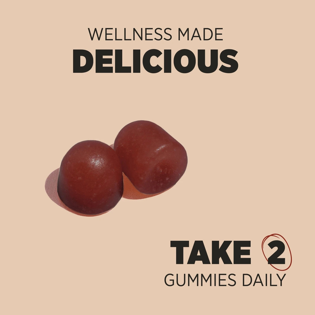 HU Iron Gummies for Teens. Two red-brown gummies. Text: WELLNESS MADE DELICIOUS, TAKE 2 GUMMIES DAILY.