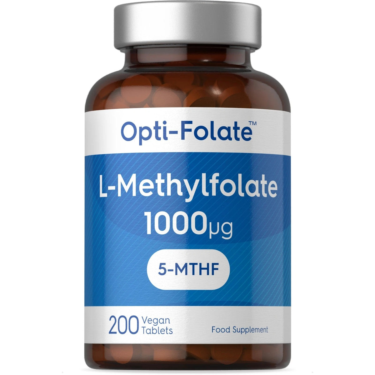 Opti-Folate L-Methylfolate 1000µg (5-MTHF) contains 200 vegan tablets as a food supplement.