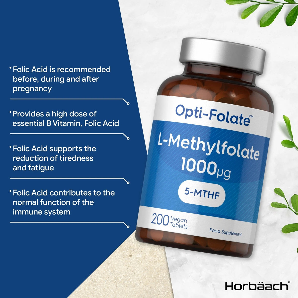 Product highlights graphic stating Folic Acid for pregnancy, High dose B Vitamin, Reduces tiredness/fatigue, Supports immune system