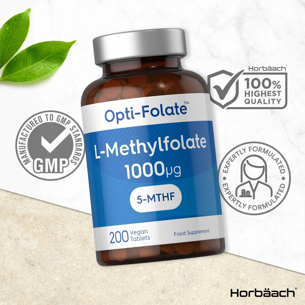 L-Methylfolate supplement, 1000µg with 200 vegan tablets, ideal for supporting overall health and wellness.