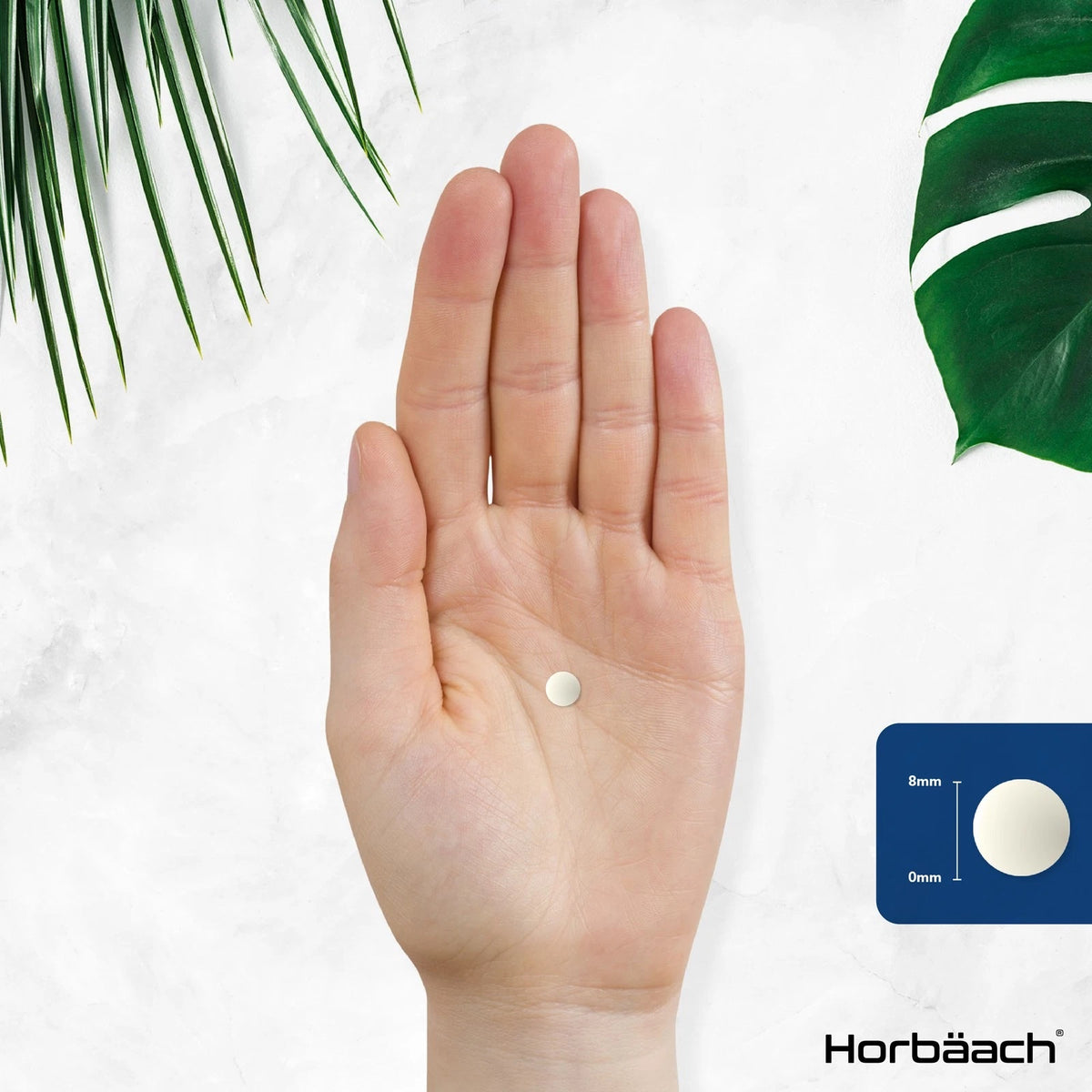 A hand holding an 8mm L-Methylfolate tablet.