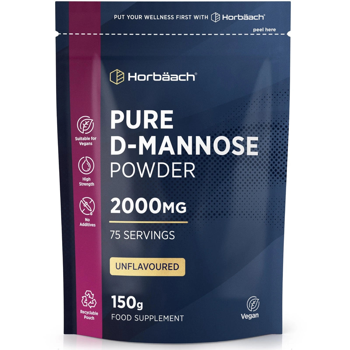 Pure D-Mannose Powder, 2000mg, 150g, 75 servings, unflavoured, vegan food supplement.