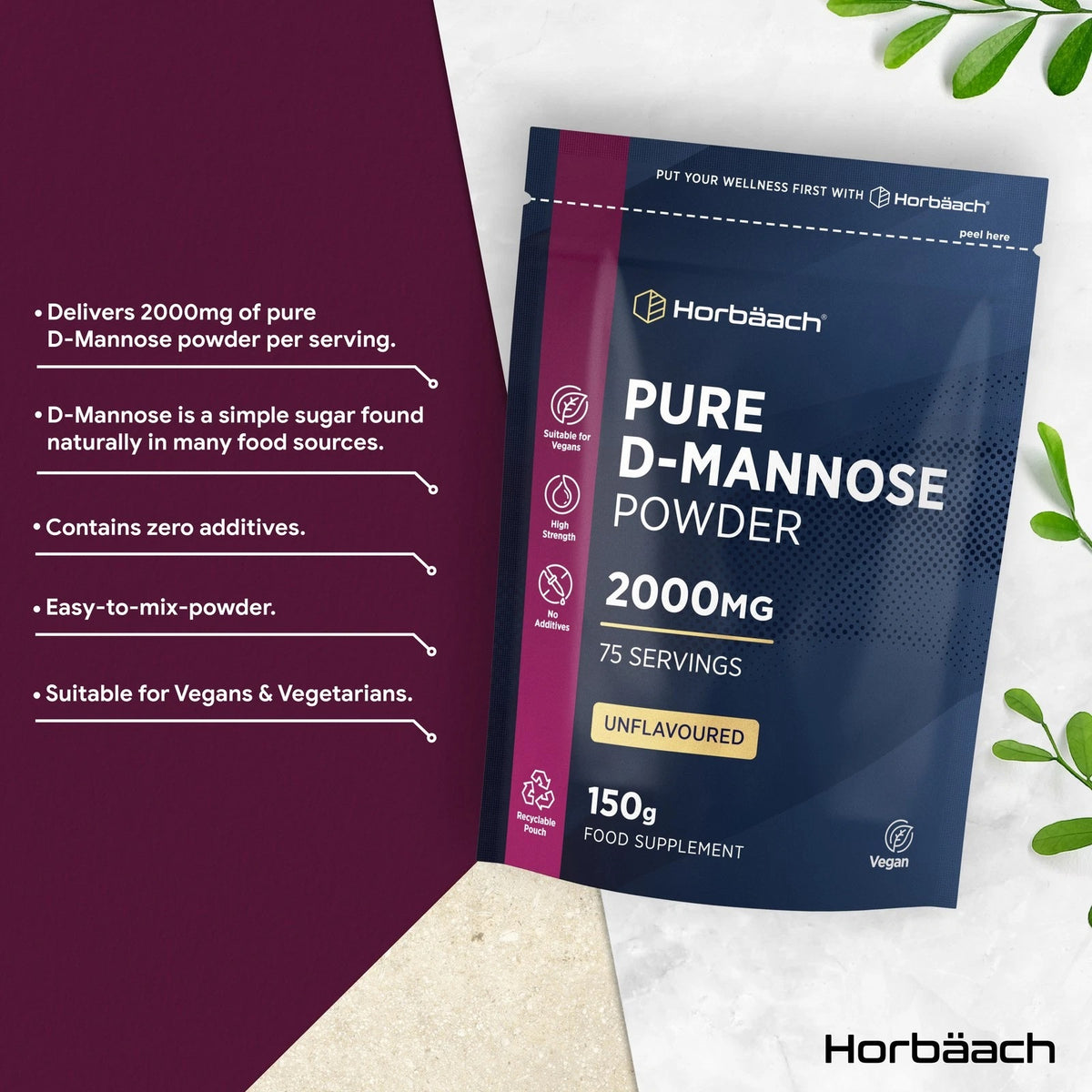 Horbäach D-Mannose 2000mg 150g vegan unflavoured powder food supplement pouch, includes 75 servings.