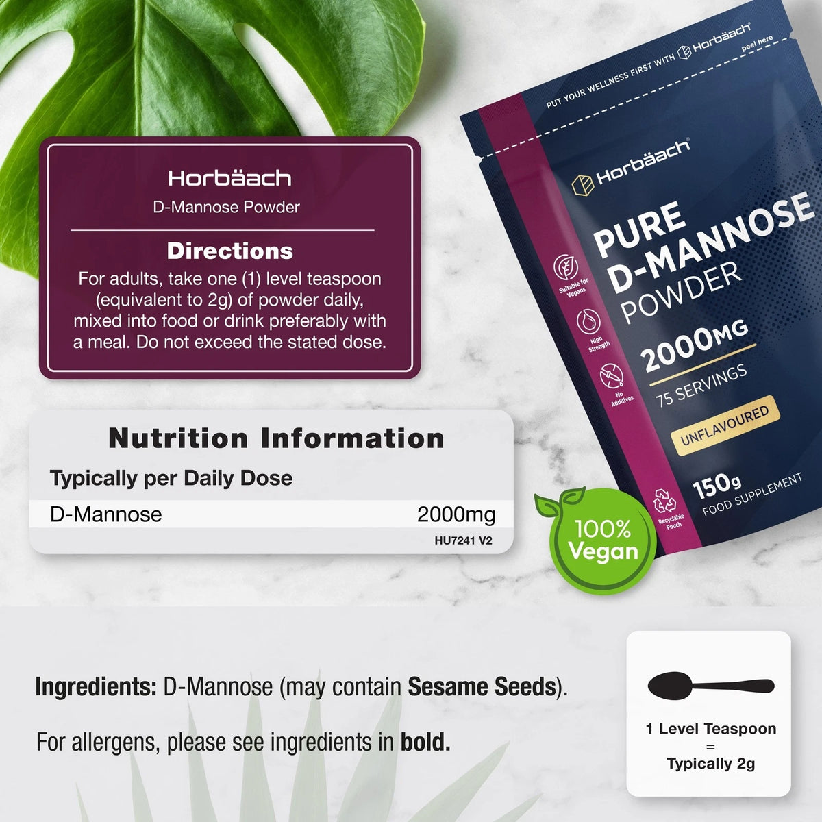 Horbäach Pure D-Mannose Powder, 2000mg, 150g, 75 servings, unflavoured, 100% vegan, in a clear jar.
