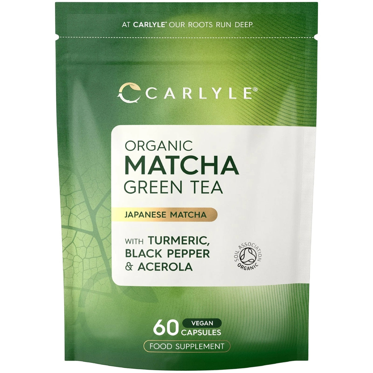 Organic Matcha Green Tea capsules with turmeric, black pepper, and acerola, certified by Soil Association. 60 vegan capsules.