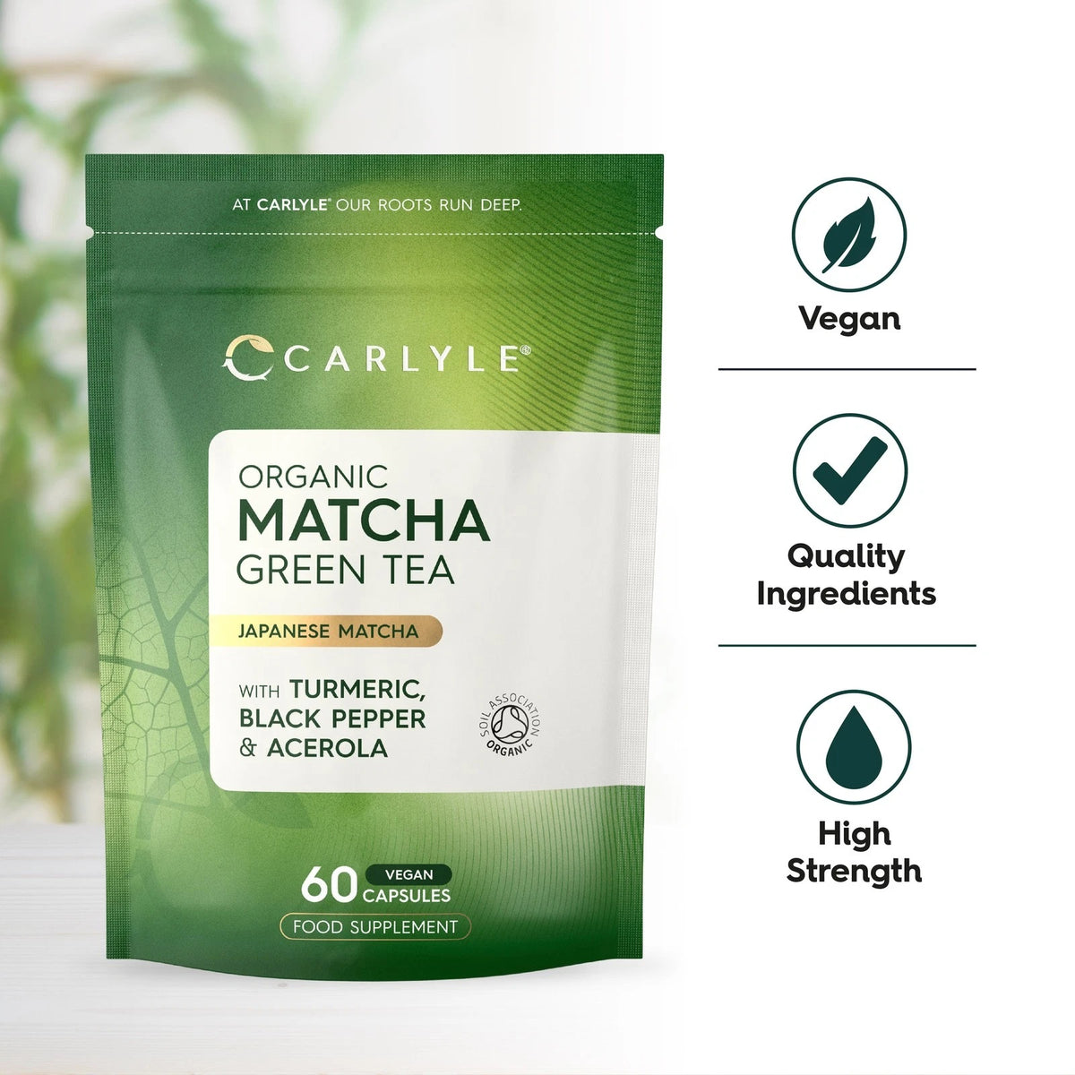Organic Matcha Green Tea capsules with turmeric, black pepper, and acerola. 60 vegan capsules, food supplement.