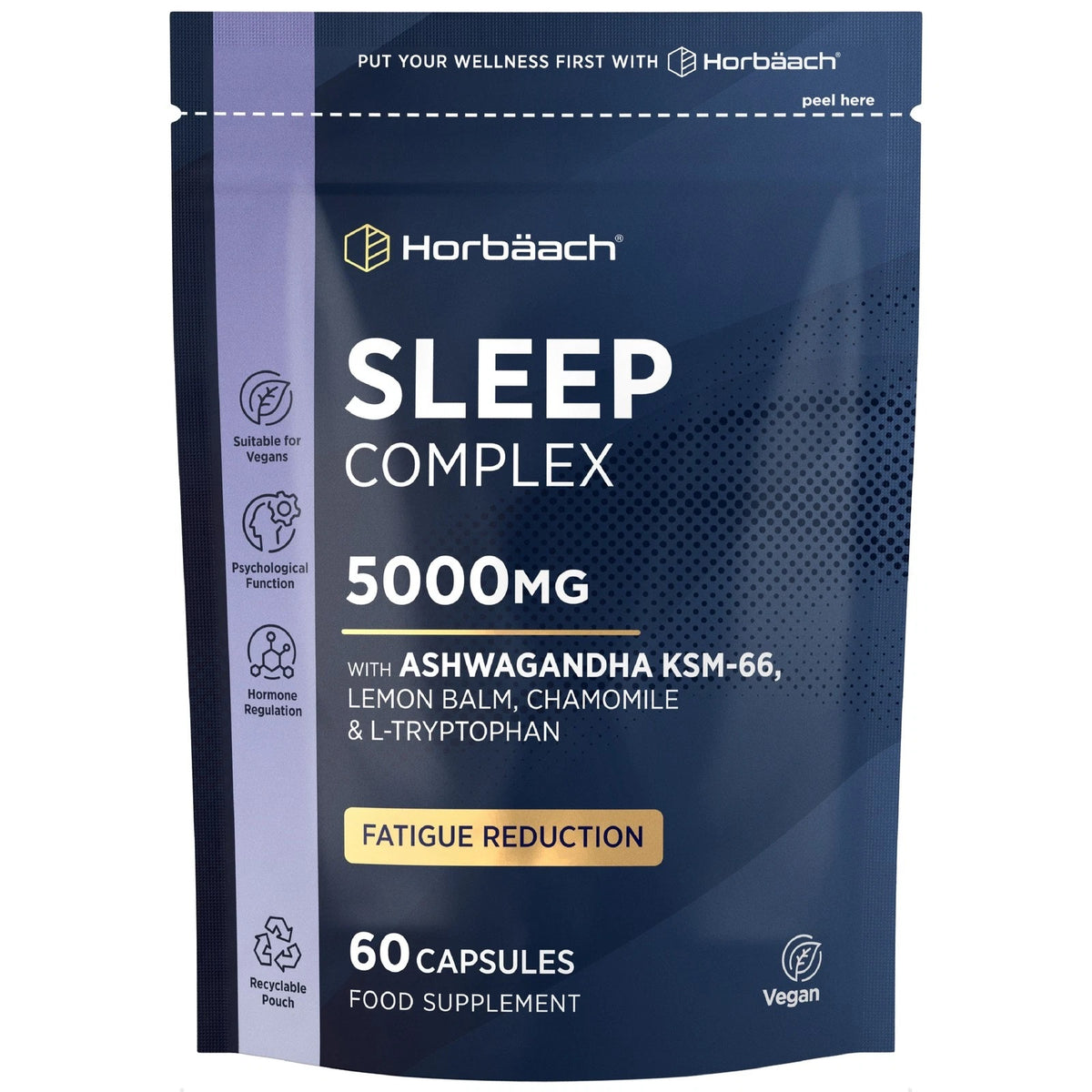 Horbäach Sleep Complex 5000mg, 60 Vegan Capsules with Ashwagandha KSM-66, Lemon Balm, Chamomile, and L-Tryptophan.