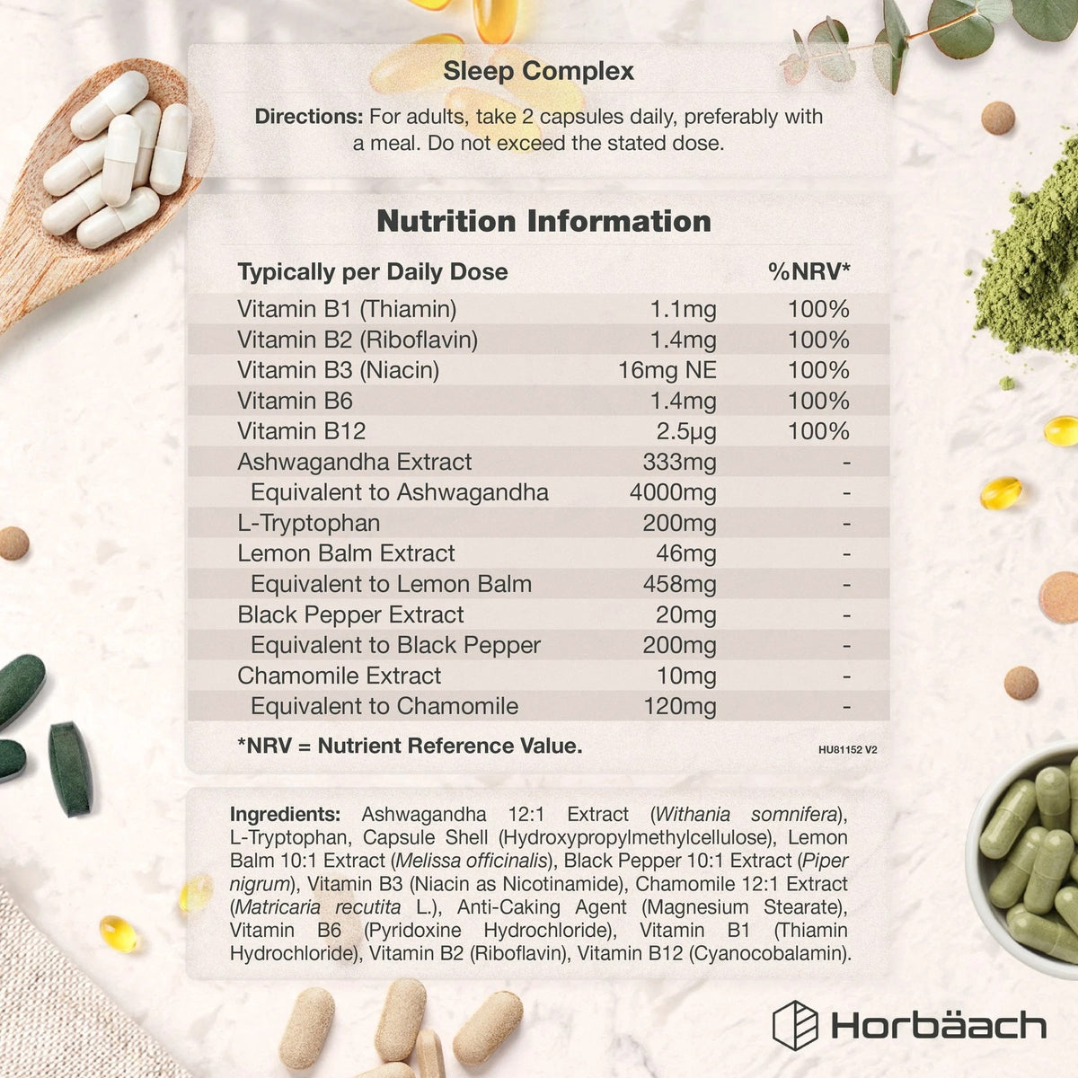 Sleep Complex 5000mg 60 Vegan Capsules graphic showing nutritional details, ingredients list, and capsule image.