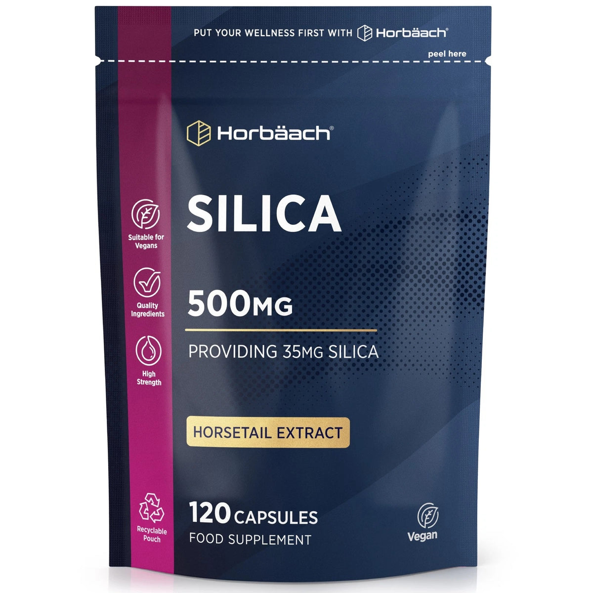 Horbäach Silica 500mg (providing 35mg Silica) from Horsetail Extract, 120 Capsules Food Supplement.