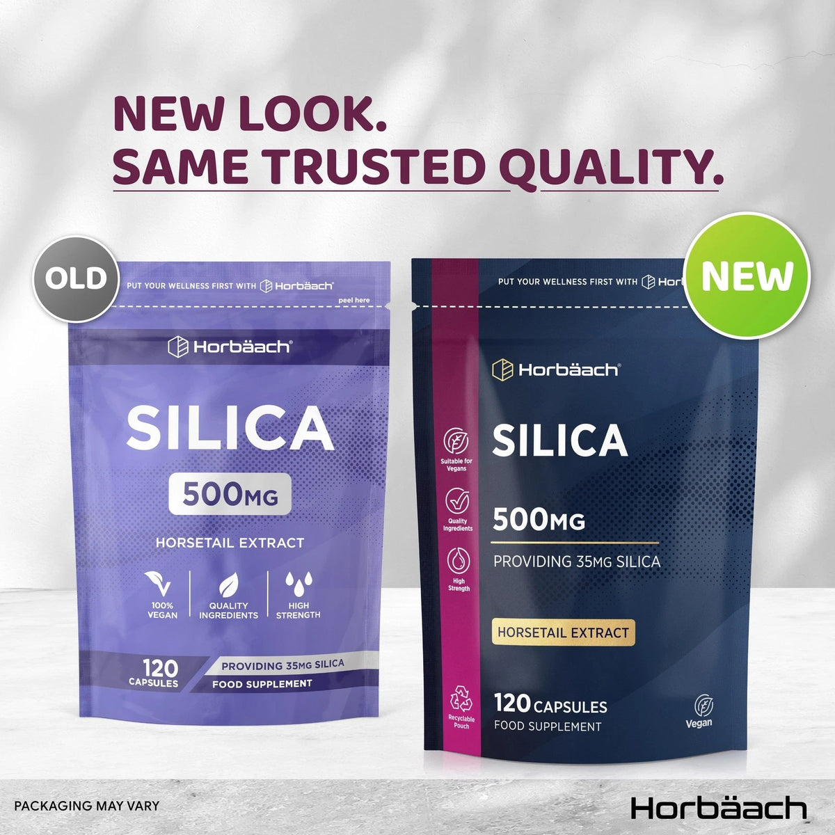Silica 500mg Horsetail Extract 120 Capsules shows new and old pouch packaging, with 35mg Silica content.